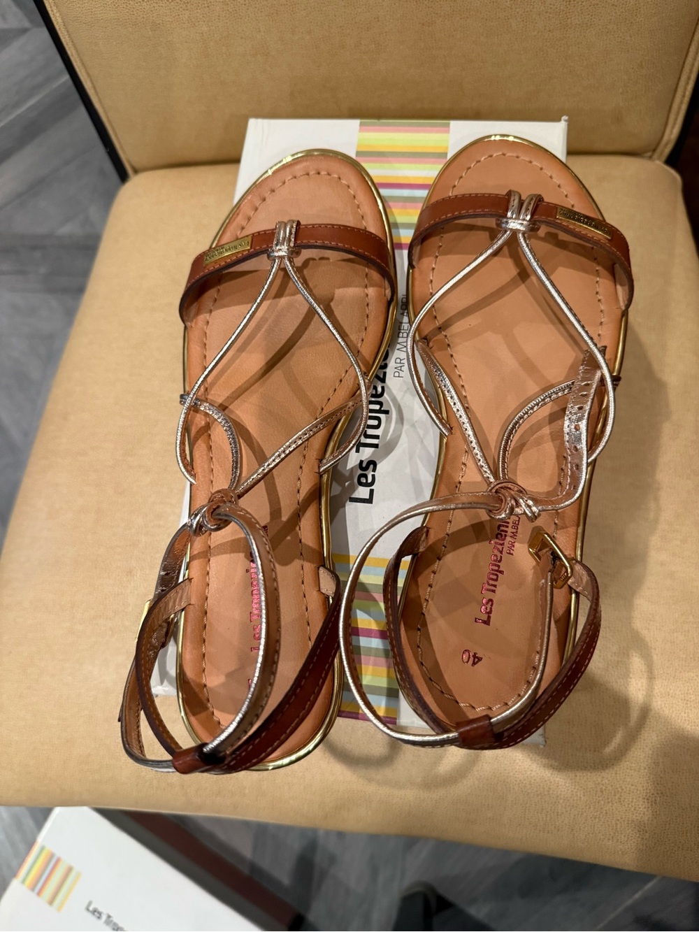 Les Tropeziennes Brown and Metallic T-Strap Sandals